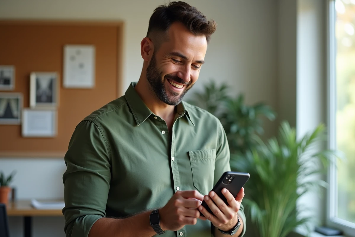 Homme montrant la sauvegarde de photos sur smartphone