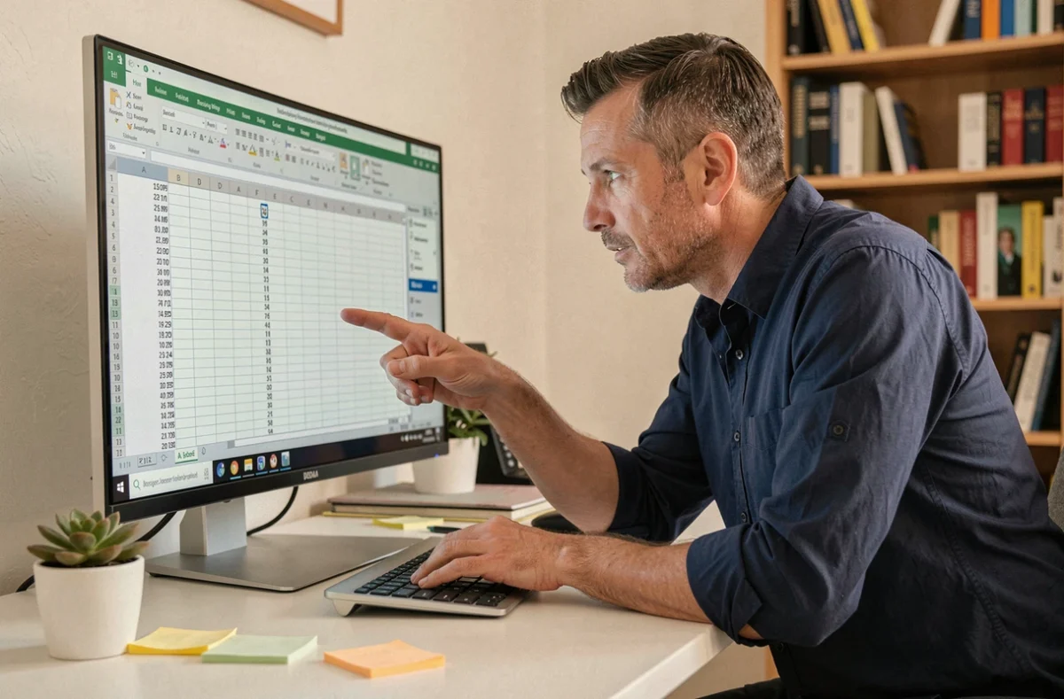 Homme en télétravail réorganisant les colonnes et lignes d'un fichier Excel sur grand écran
