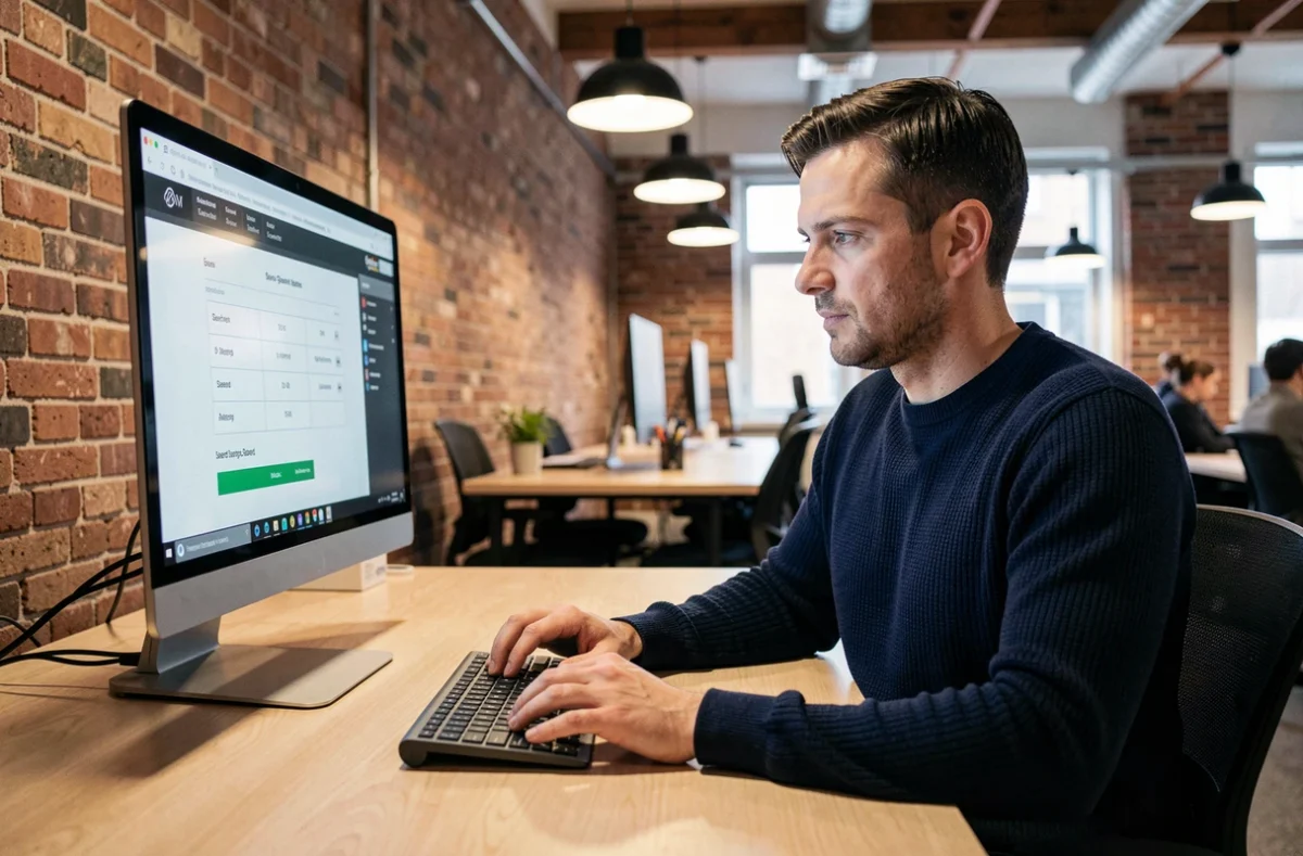 Homme en pull marine réalisant un test de frappe clavier dans un espace de coworking professionnel