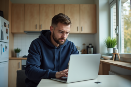 Homme travaillant sur son ordinateur dans une cuisine moderne