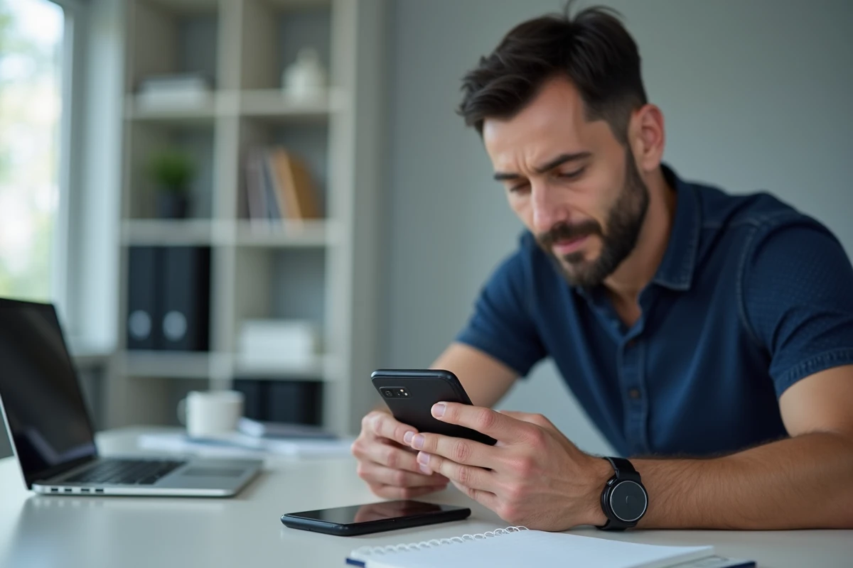 Homme vidant la corbeille de son téléphone Samsung sur un bureau de travail moderne