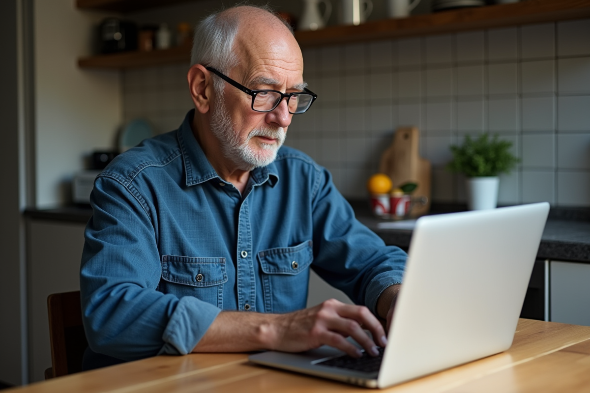 Homme d age vérifie son antivirus à la cuisine