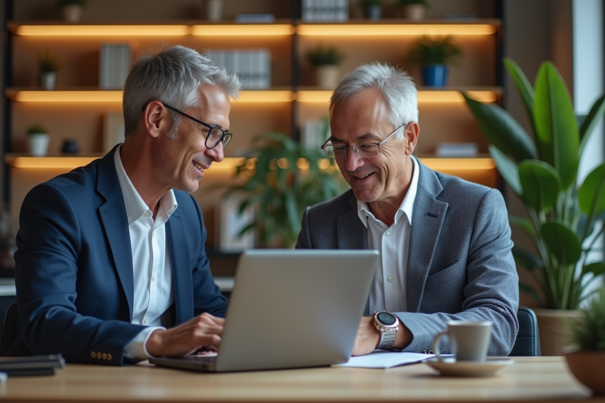 Deux hommes en réunion discutent tableau de bord marketing