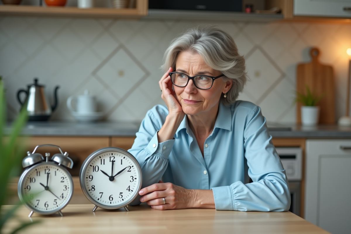Femme comparant horloges classiques et modernes dans la cuisine