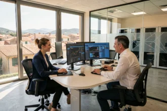 Équipe IT travaillant dans un bureau moderne avec vue sur un paysage provençal, illustrant l'infogérance en Provence-Alpes-Côte d'Azur