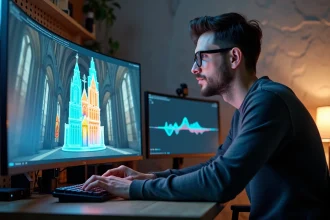 Ingénieur en informatique analysant un rendu volumétrique 3D Neural Radiance Fields sur un écran ultra-wide dans un studio technologique moderne