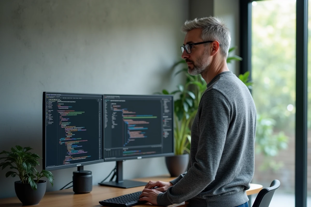 Ingénieur data debout devant un bureau avec double écran affichant une architecture de pipeline Python et des modules structurés