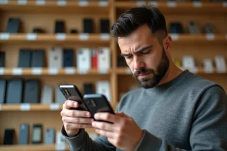 Homme inspectant un iPhone 14 d'occasion dans une boutique de téléphones reconditionnés