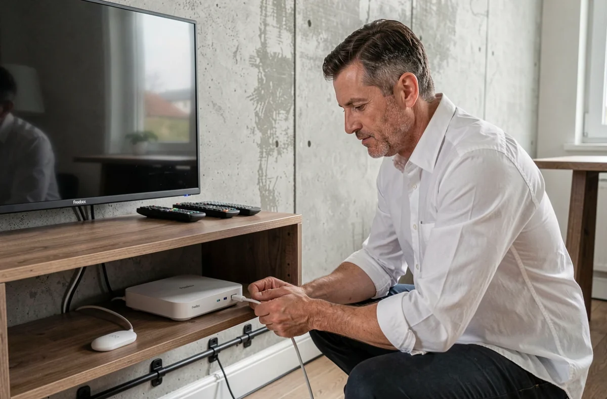 Homme connectant l'alimentation USB d'un Chromecast à une Freebox Delta dans un espace multimédia moderne