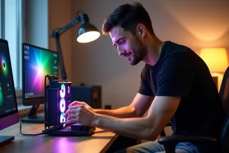 Jeune homme installant un refroidissement liquide RGB sur un PC