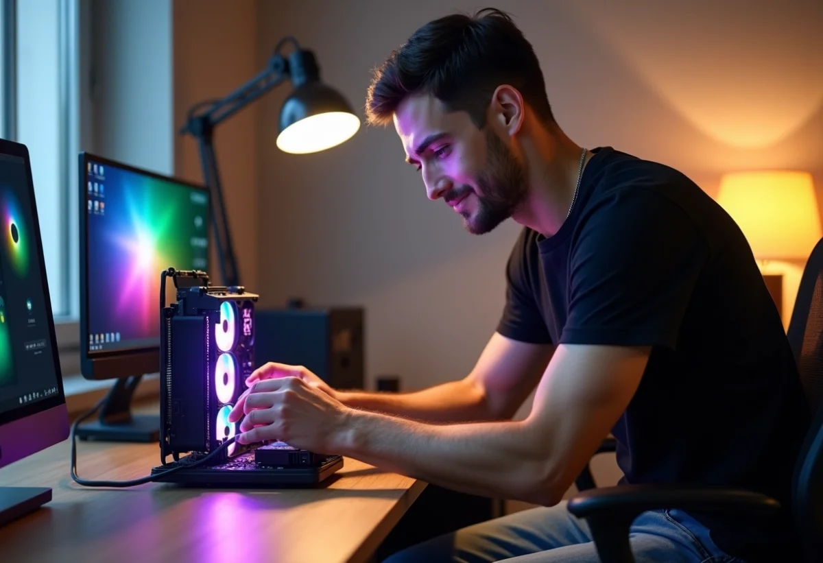 Jeune homme installant un refroidissement liquide RGB sur un PC