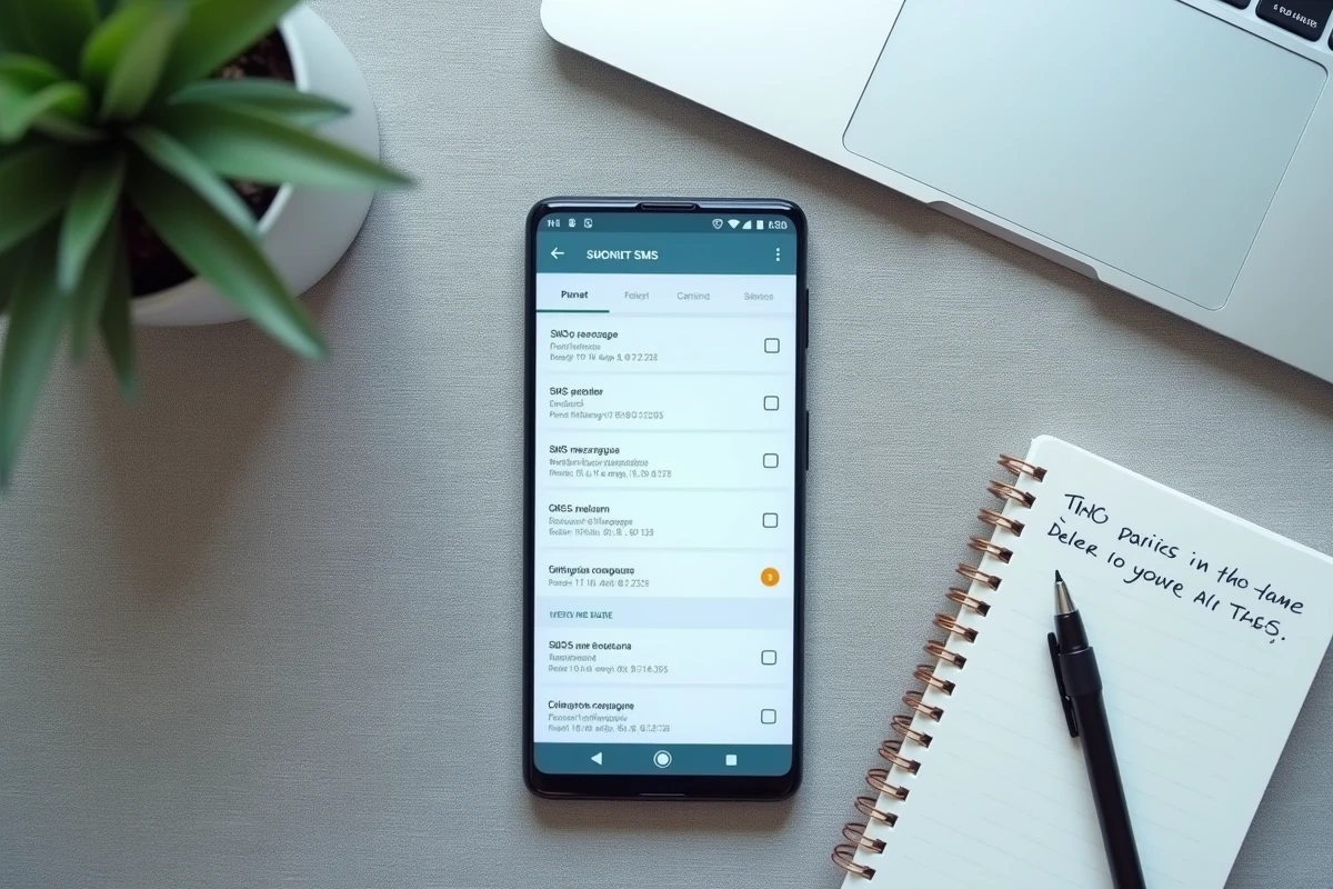 Vue en plongée d'un smartphone Android affichant une interface de récupération de SMS effacés sur un bureau minimaliste