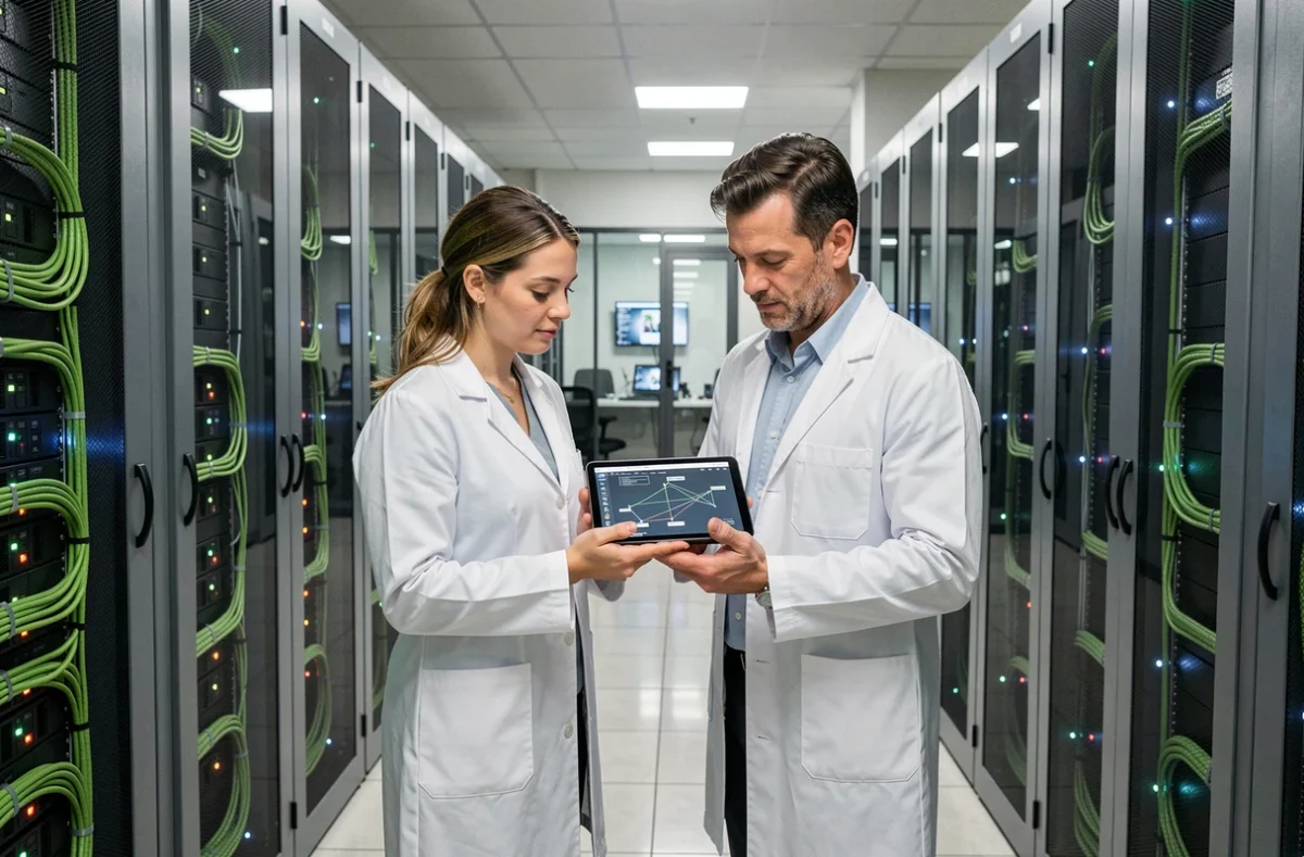 Deux techniciens informatiques inspectant une infrastructure serveur dans une salle technique moderne à Aix-Marseille pour Izitek