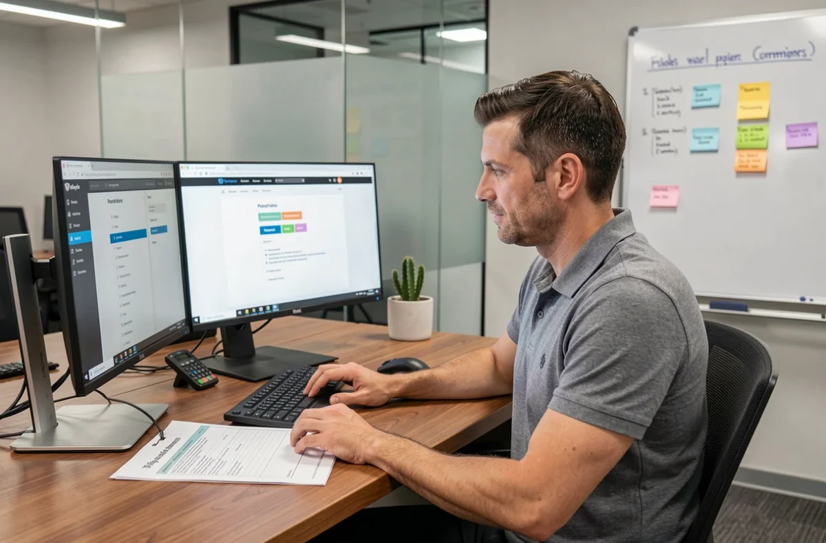 Chef de projet web de l'agence JEMP examinant la structure d'un site WordPress sur double écran dans un bureau moderne
