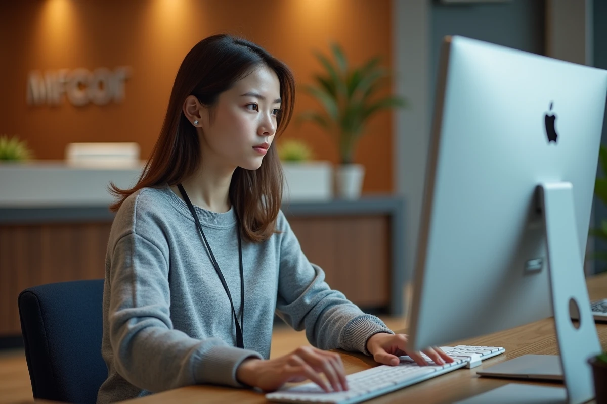 Jeune agente publique consultant une messagerie sécurisée melanie2 web à son poste de travail dans une administration
