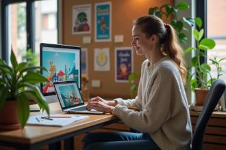Jeune femme travaillant sur un poster dans un bureau créatif