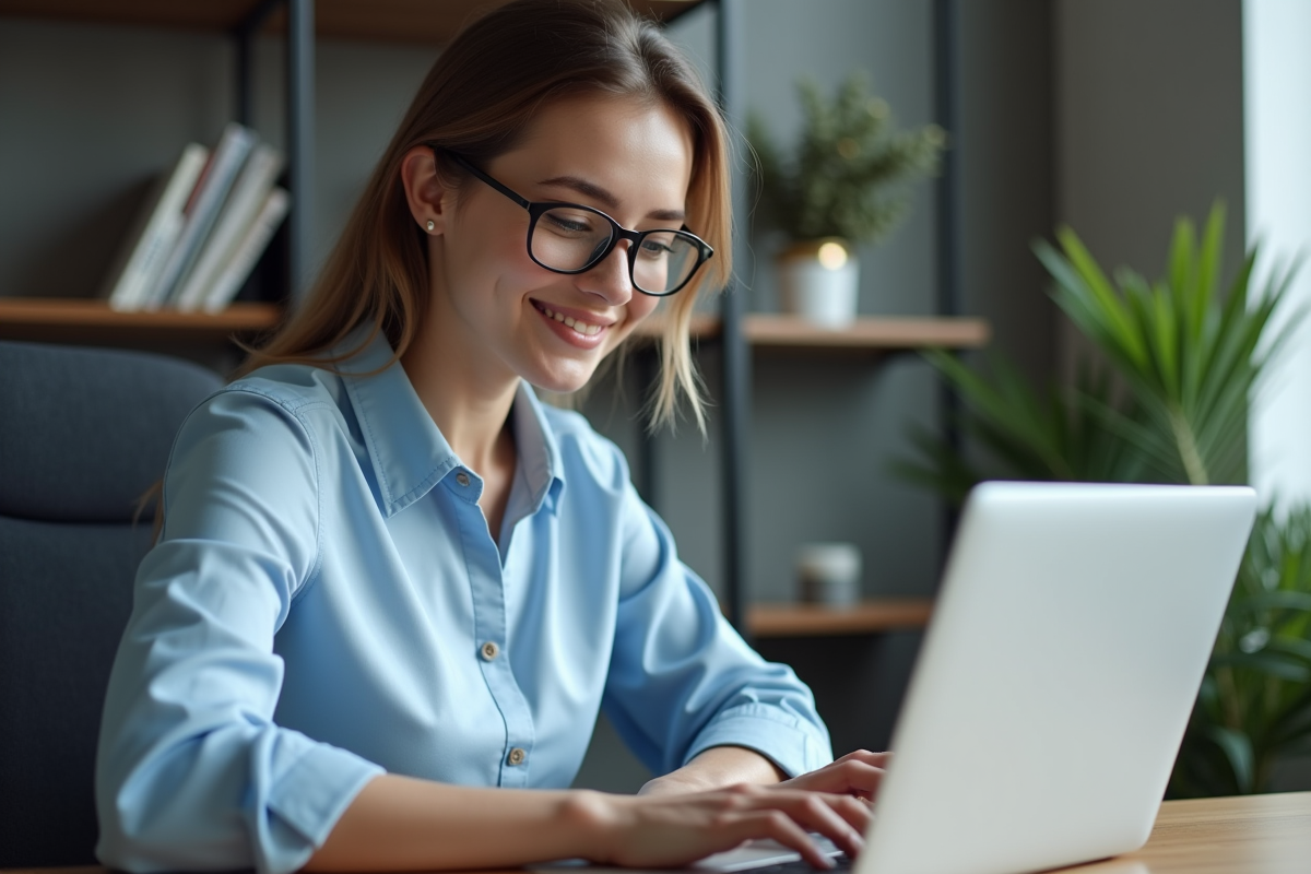 Jeune femme au bureau utilisant un ordinateur portable