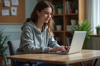 Jeune femme concentrée travaillant sur son ordinateur dans un bureau cosy