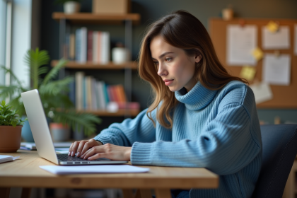 Jeune femme au bureau travaillant sur un ordinateur portable