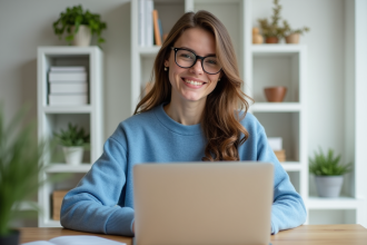 Jeune femme concentrée sur son MacBook dans un bureau lumineux