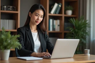 Jeune femme en bureau moderne travaillant sur son ordinateur