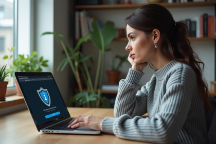 Jeune femme en bureau moderne examine son ordinateur portable