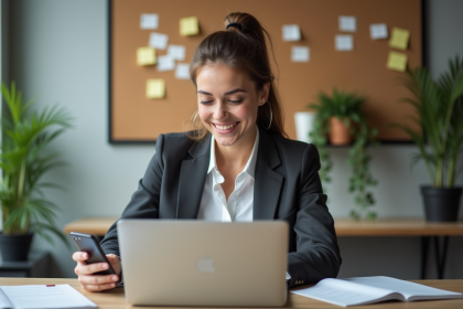 Jeune femme en tenue professionnelle active sur réseaux sociaux