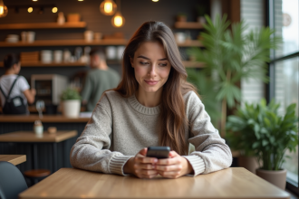 Jeune femme au café regardant son smartphone dans un café moderne