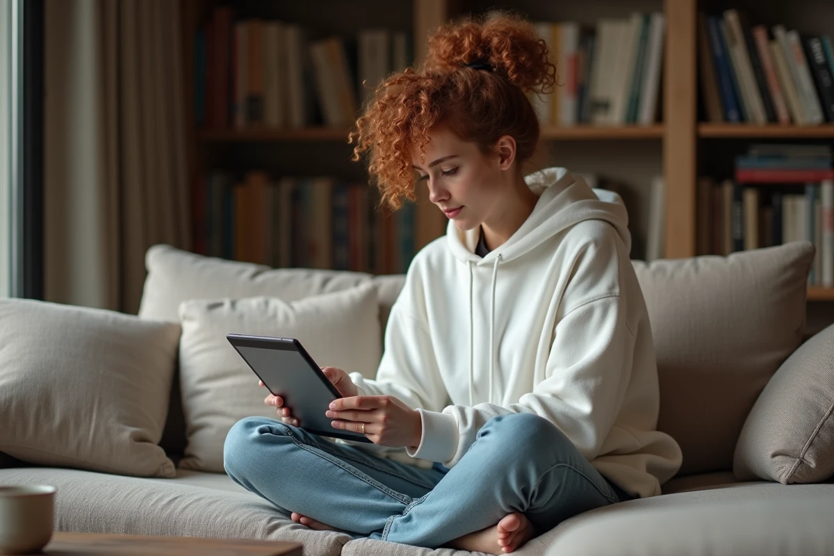Jeune femme configurant Chrome pour accéder à Google USA sur une tablette dans un salon français