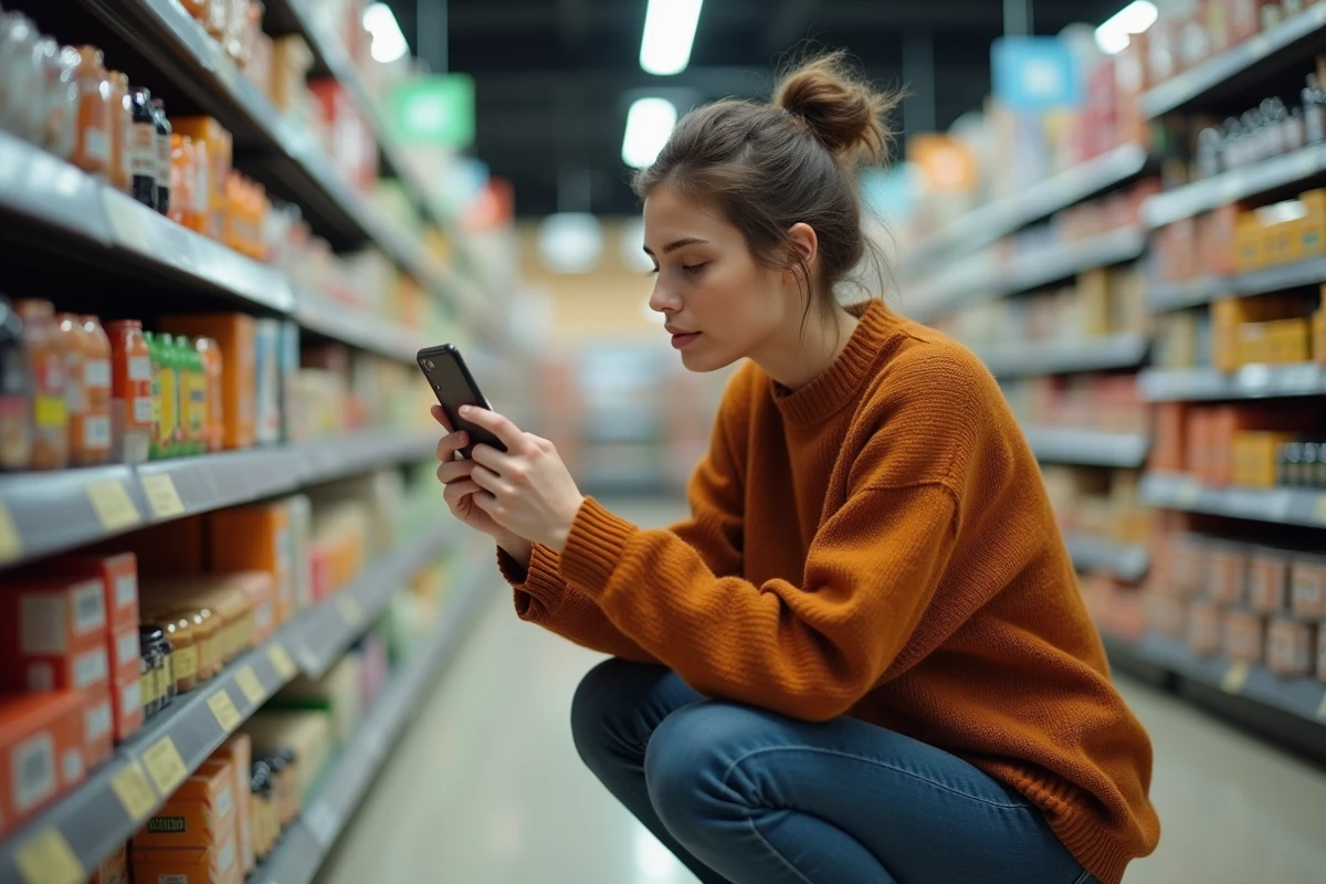 Jeune femme scannant une étiquette produit en supermarché avec Google Lens pour obtenir des informations en temps réel