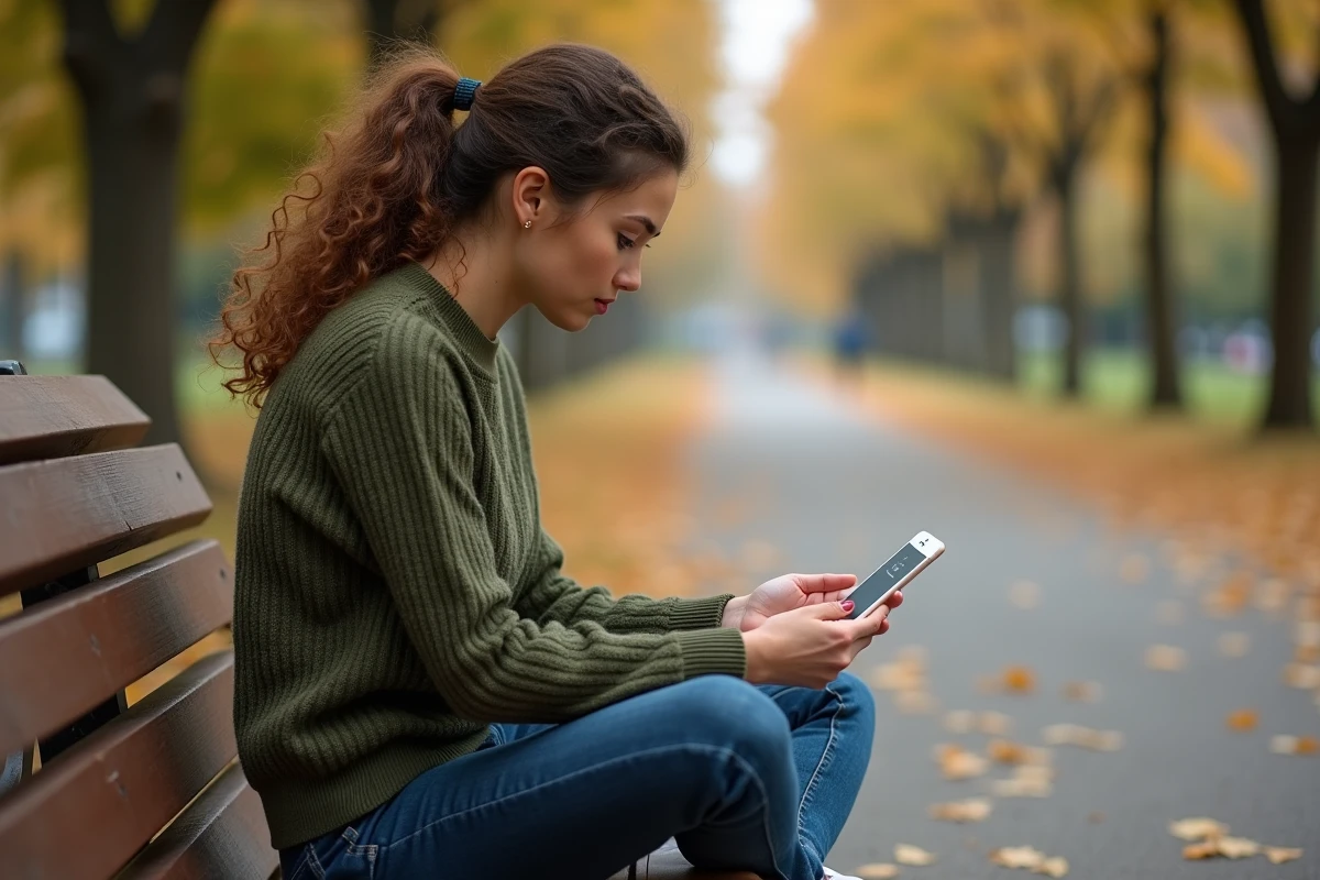 Jeune femme accédant à la messagerie Melanie web sur iPhone dans un parc urbain en automne