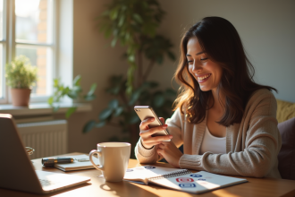 Jeune femme souriante avec smartphone dans un espace cosy