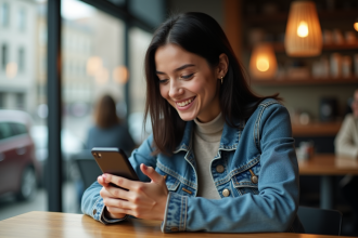 Jeune femme avec smartphone dans un café moderne