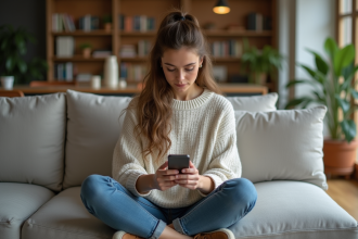 Jeune femme concentrée sur son smartphone dans un salon moderne