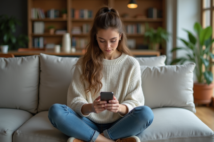 Jeune femme concentrée sur son smartphone dans un salon moderne