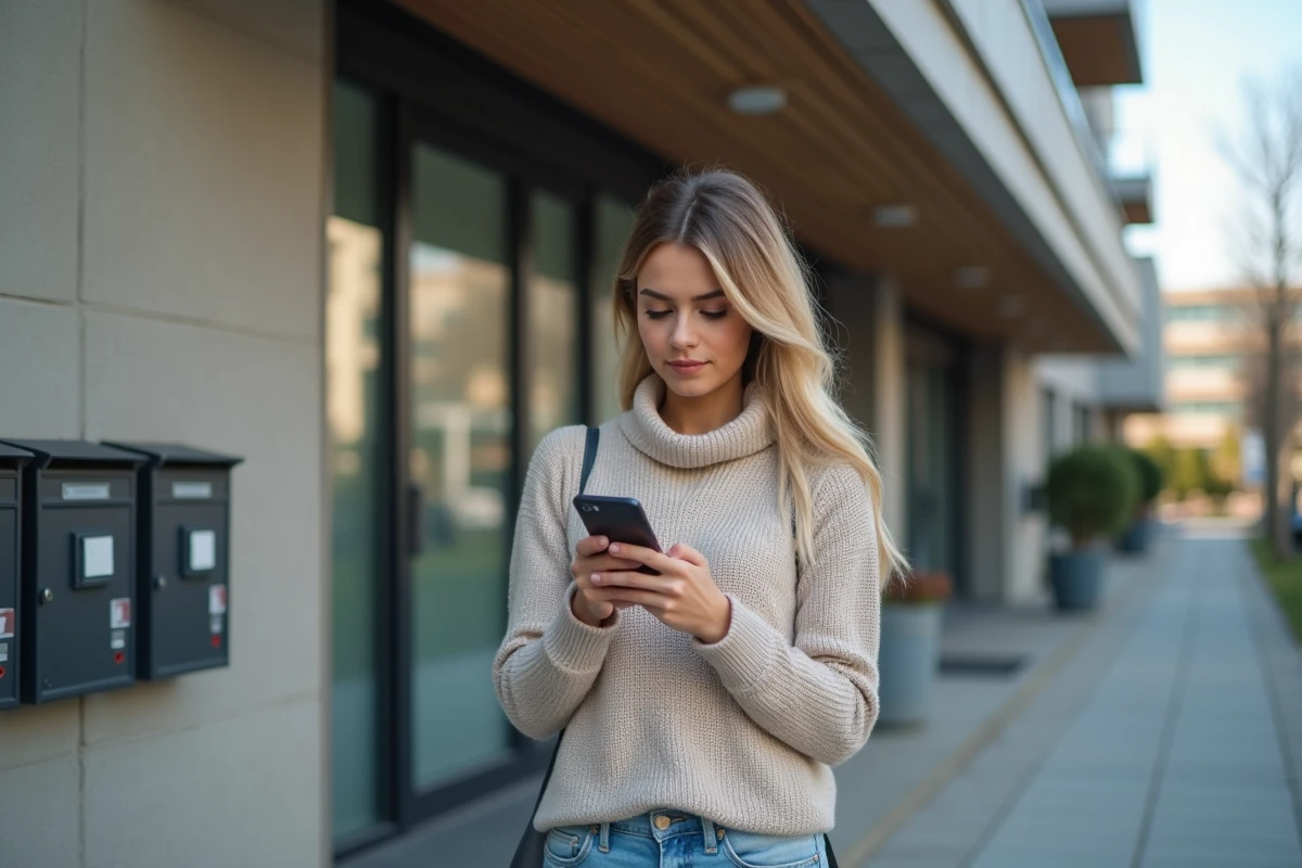 Jeune femme utilisant son smartphone devant un immeuble moderne