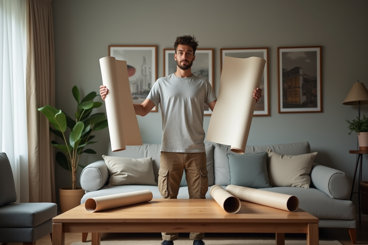 Jeune homme tient des posters d