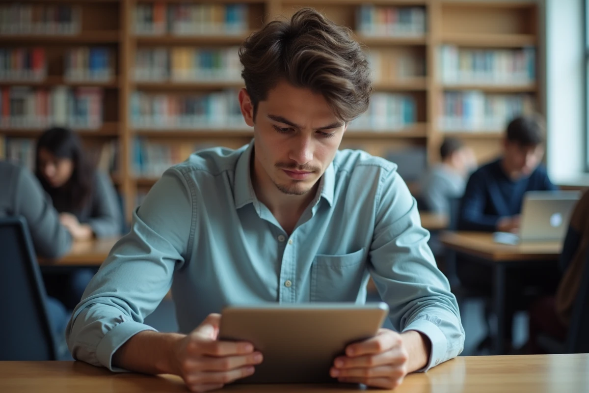Jeune homme étudiant vérifiant ses emails dans une bibliothèque