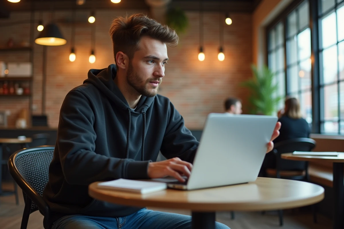 Jeune homme discutant dans un café moderne et décontracté
