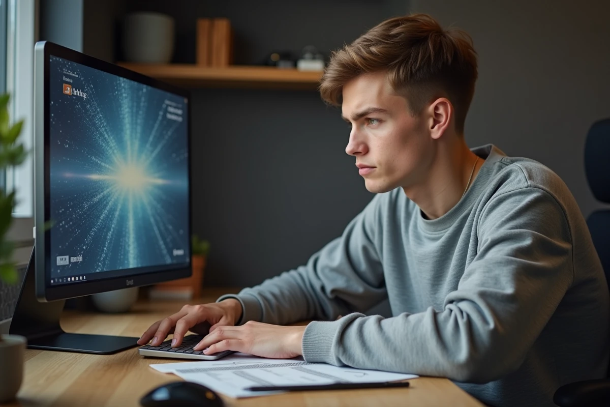 Jeune homme concentré devant un écran pixelé dans un bureau créatif