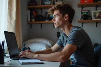 Jeune homme concentré sur son ordinateur gaming dans sa chambre