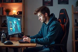 Jeune homme concentré devant son ordinateur dans un espace gaming