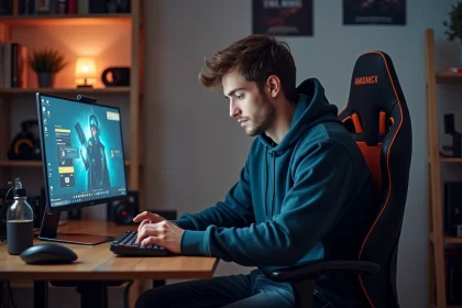 Jeune homme concentré devant son ordinateur dans un espace gaming