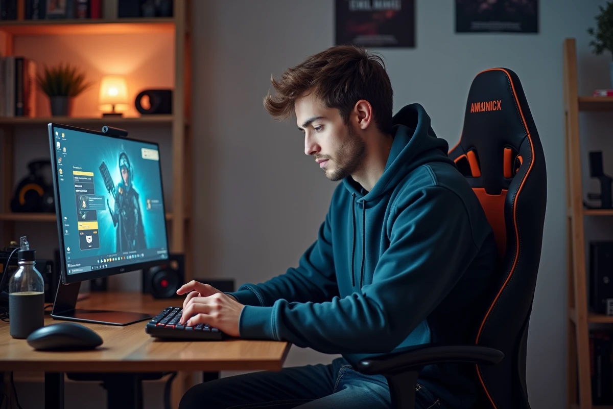 Jeune homme concentré devant son ordinateur dans un espace gaming