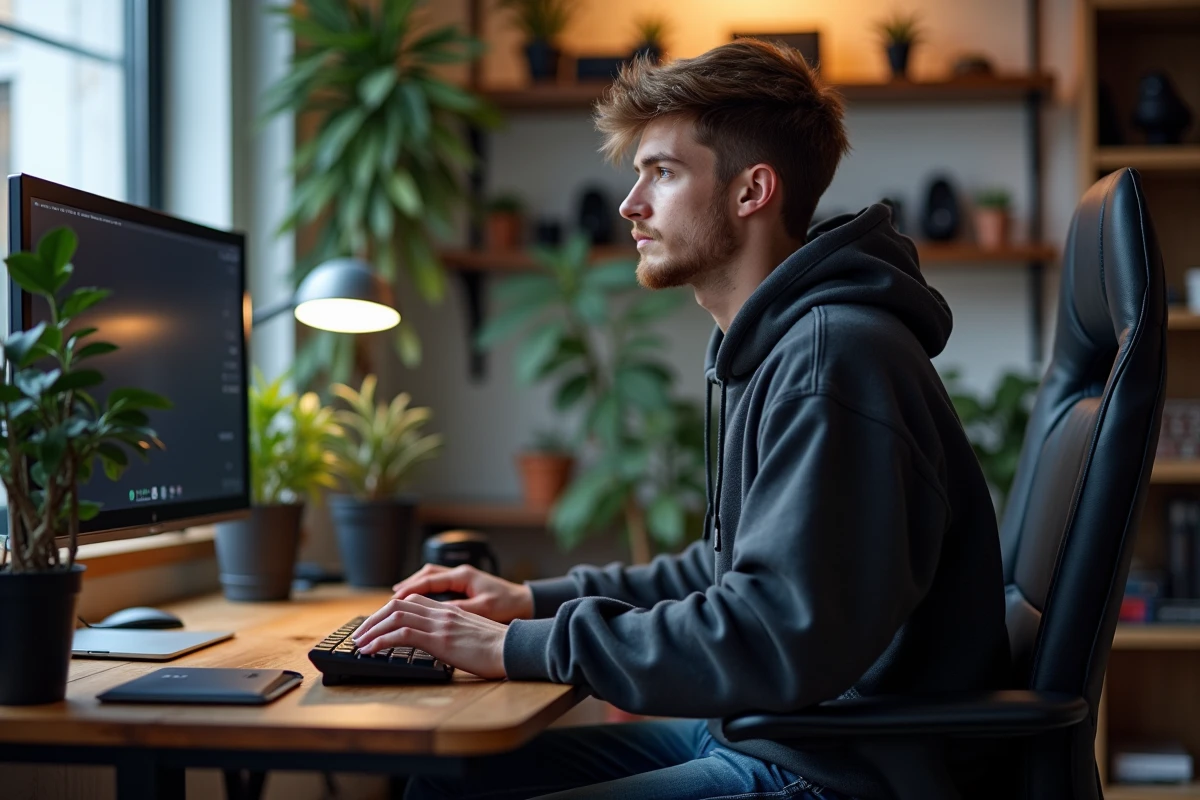 Jeune homme jouant à un jeu PC dans un bureau moderne