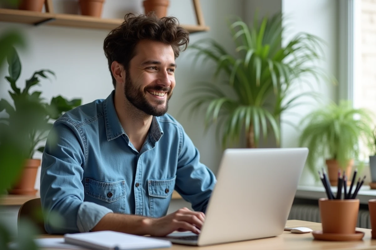 Jeune homme détendu travaillant sur son ordinateur dans un espace de travail à domicile