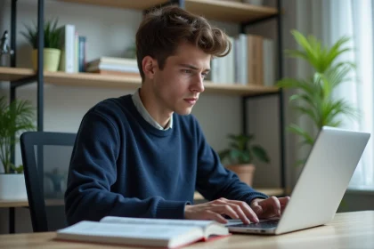 Jeune homme en bureau moderne utilisant un ordinateur portable