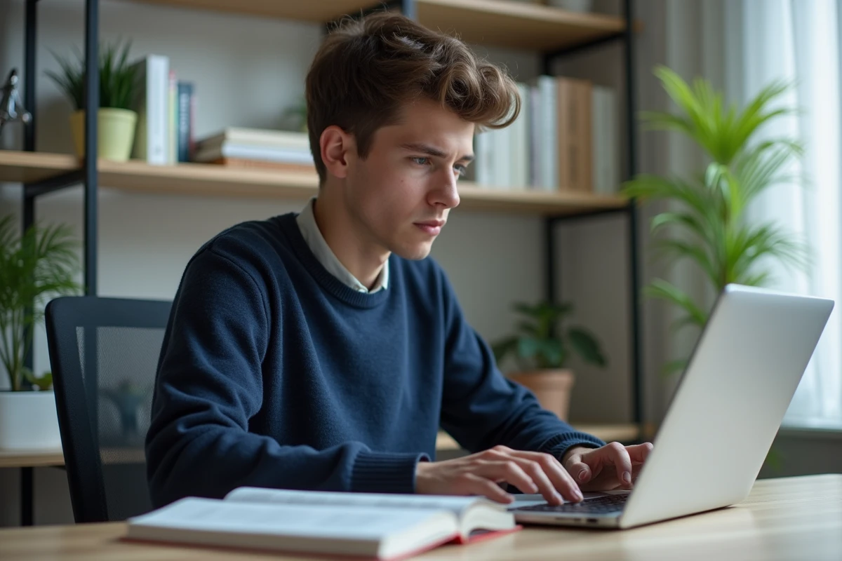 Jeune homme en bureau moderne utilisant un ordinateur portable