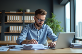 Jeune homme en bureau organisant des dossiers