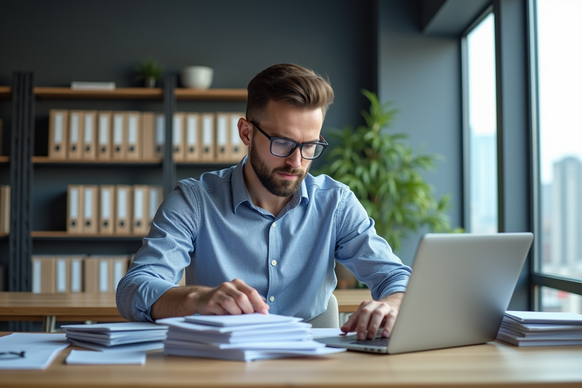 Jeune homme en bureau organisant des dossiers